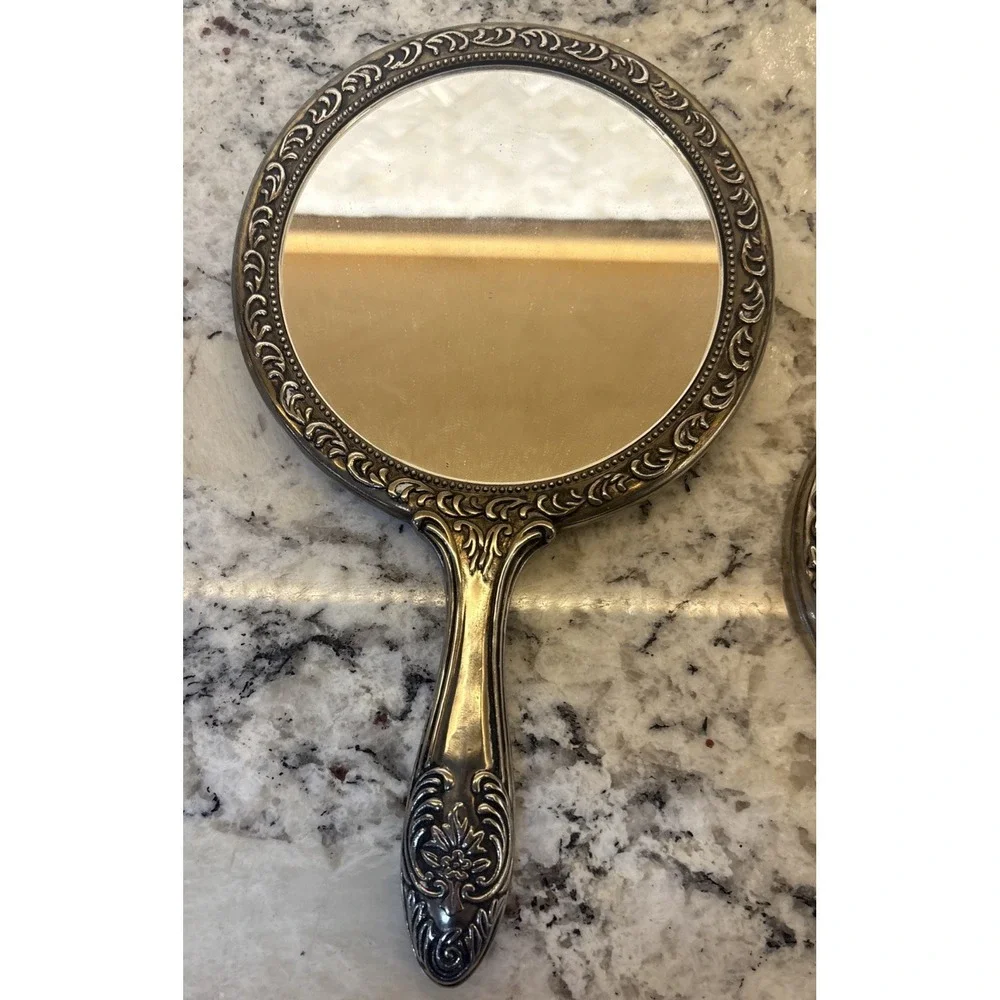 VTG Silver Plate Vanity Mirror Set Hand Mirror Round Mirror Comb Ornate Floral